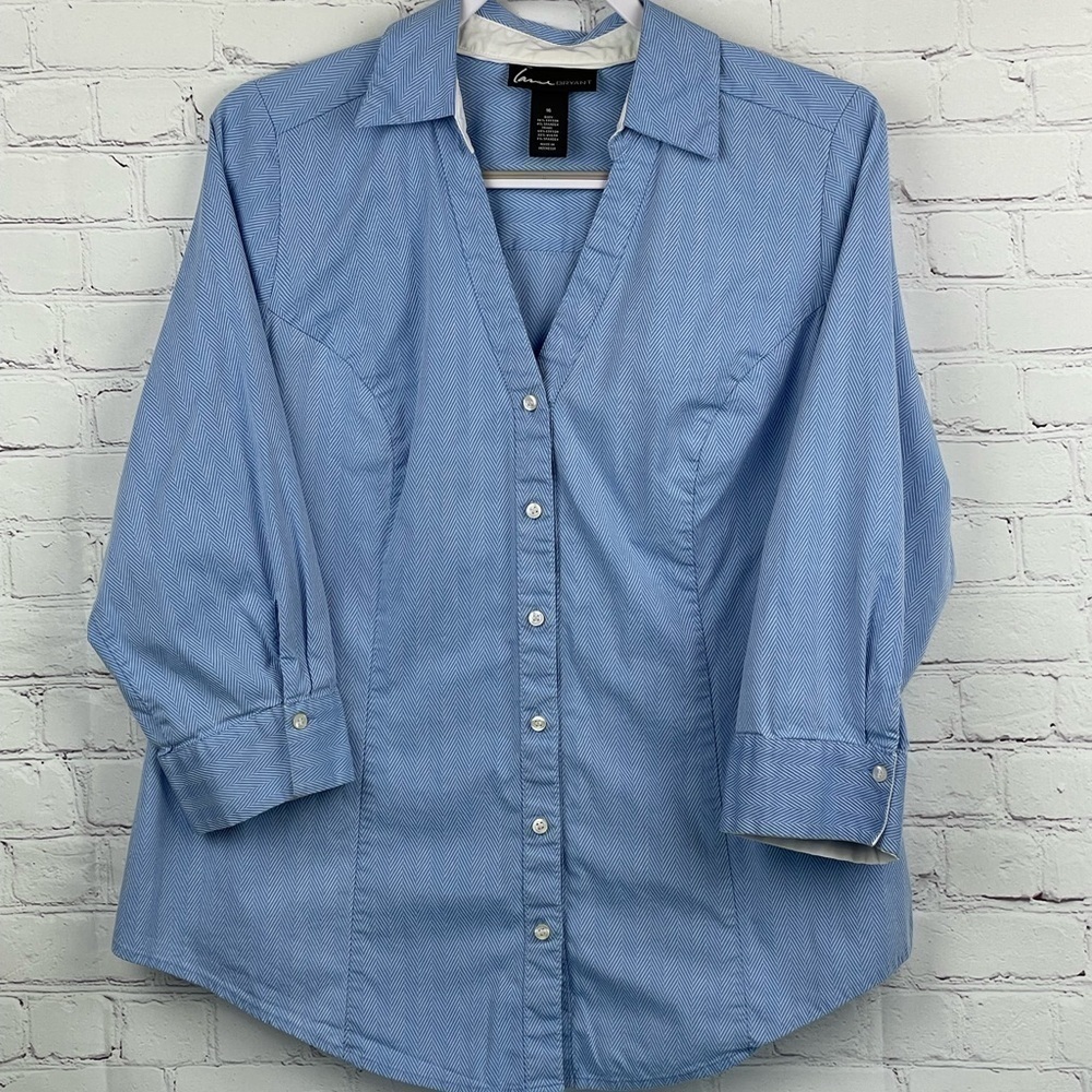 Lane Bryant Shirt Blue Herringbone Sz 16 Button Front Stretch 3/4 Sleeve V-Neck